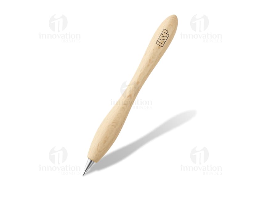 Caneta em Madeira com detalhes em metal e ponta afiada, ideal para escrever e desenhar. Cor preta com detalhe amarelo, em um fundo claro e brilhante.