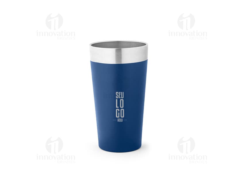 container de metal em 3D, copo térmico 540 mL brilhante em cor prateada e amarela, sem conteúdo, objeto de cuidado e design para armazenamento de líquidos, feito de aço inoxidável com tampa e parede transparente.