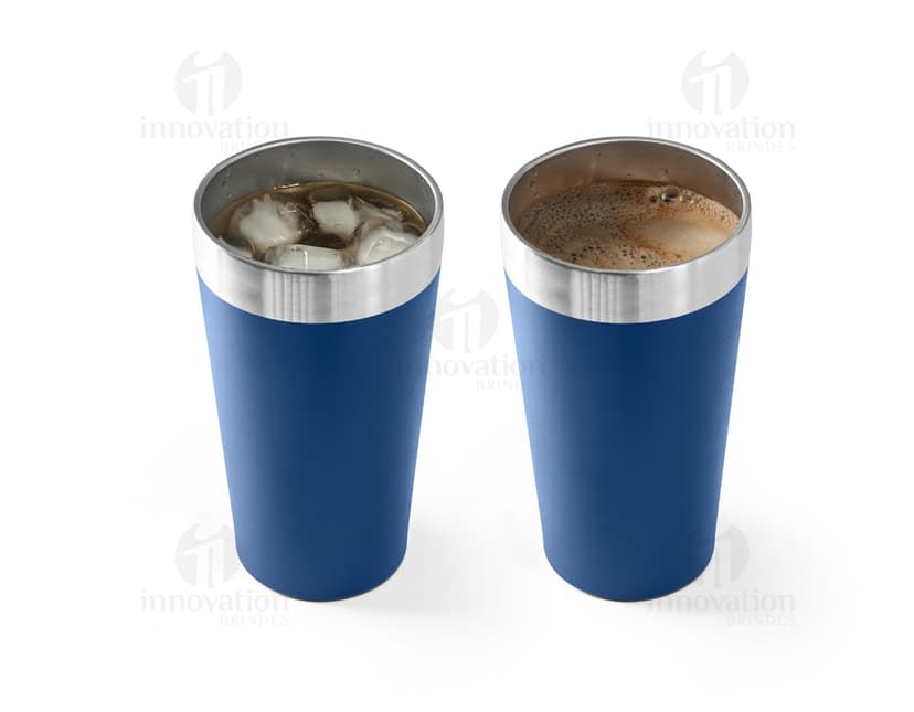 container de metal em 3D, copo térmico 540 mL brilhante em cor prateada e amarela, sem conteúdo, objeto de cuidado e design para armazenamento de líquidos, feito de aço inoxidável com tampa e parede transparente.