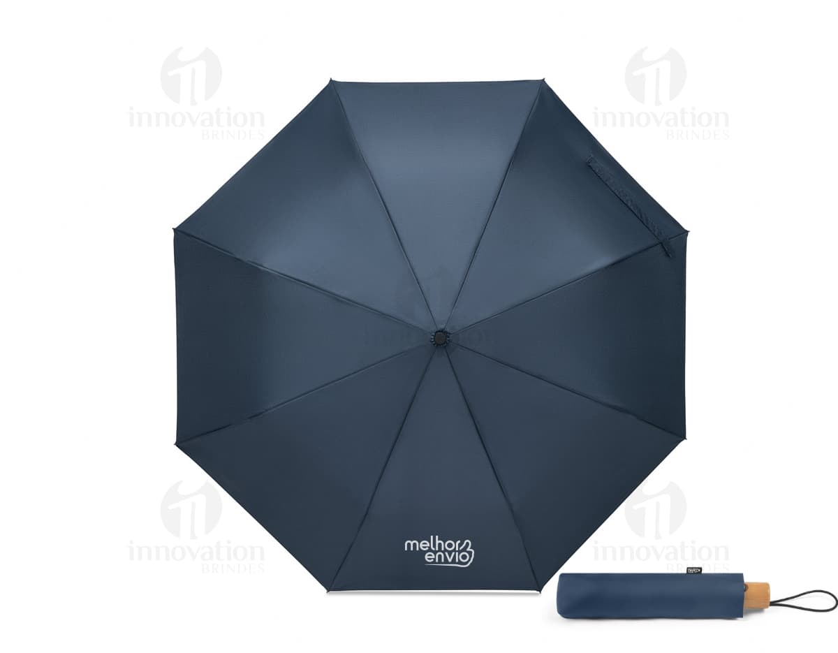 Guarda-chuva rPET pongee com pega, apresentado em uma caixa de presente colorida com laço. O guarda-chuva é brilhante e possui uma decoração festiva.