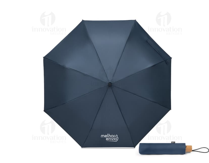 Guarda-chuva rPET pongee com pega, apresentado em uma caixa de presente colorida com laço. O guarda-chuva é brilhante e possui uma decoração festiva.