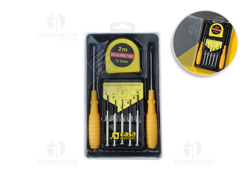 Kit de ferramentas de 8 peças em metal e plástico, incluindo chave de fenda, fita métrica, alicate e outros equipamentos de cor amarela e preta. Uso ideal para trabalhos domésticos, reparos e construções.