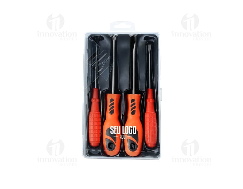 Kit ferramenta 4 peças com estojo contendo diversas ferramentas como chave de fenda, chave de boca, alicate e martelo, ideais para reparos domésticos e construção. As ferramentas são fabricadas em aço e plástico, proporcionando durabilidade e praticidade na hora do uso.