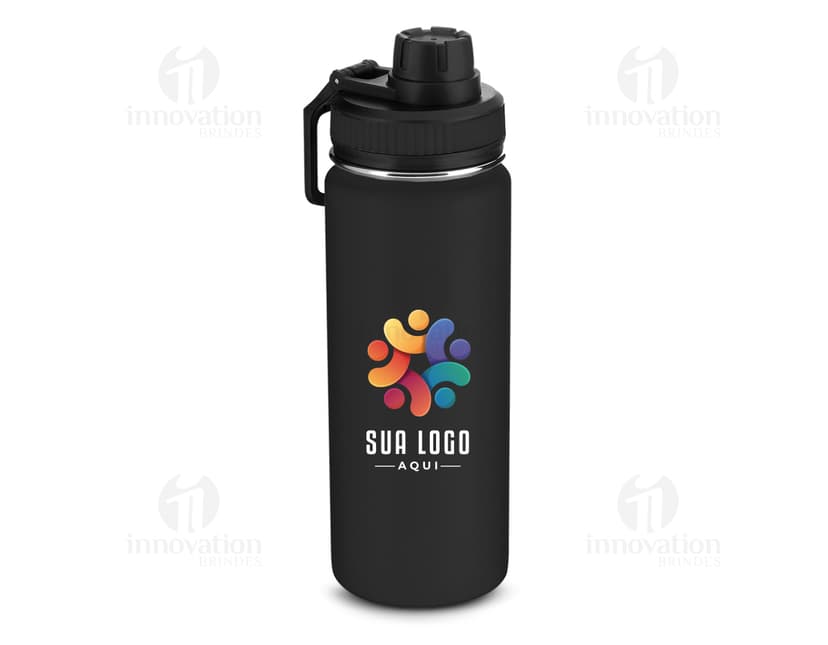 Garrafa de aço inox de 780 ml, contendo líquido fresco e transparente. A tampa metálica e o design elegante refletem a higiene e cuidado na utilização do produto.