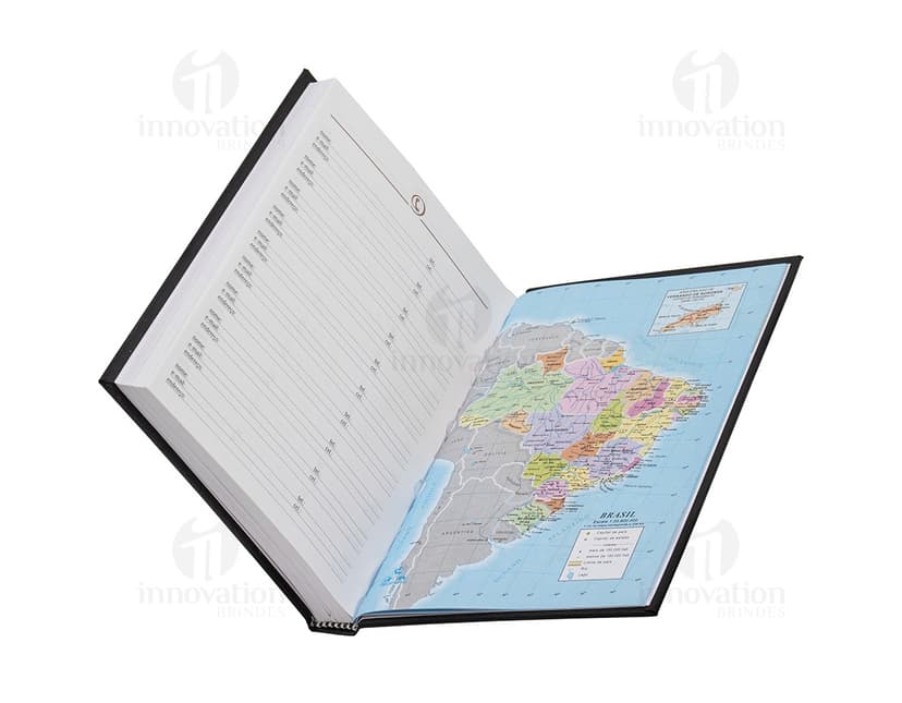 Agenda 2025 Cromato com capa dura na cor prateada e detalhes em relevo. Páginas internas contendo calendários e espaços para anotações.