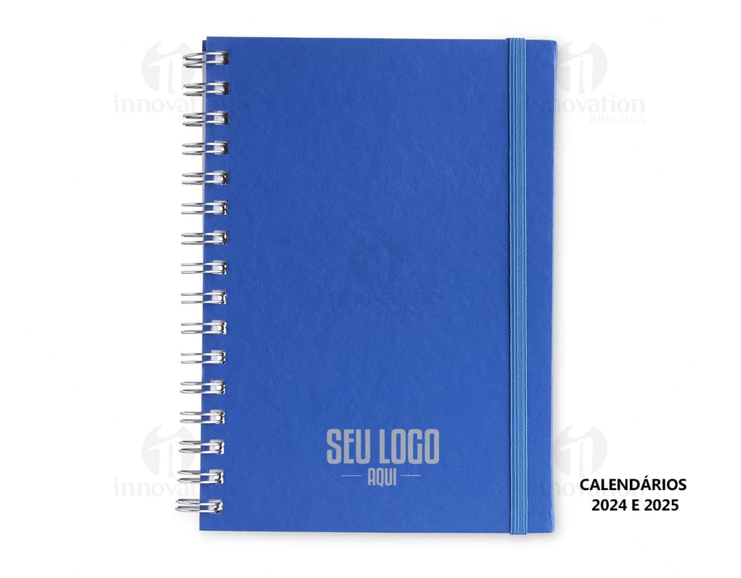 Caderno Planner preto com páginas em branco e marcador de páginas colorido.