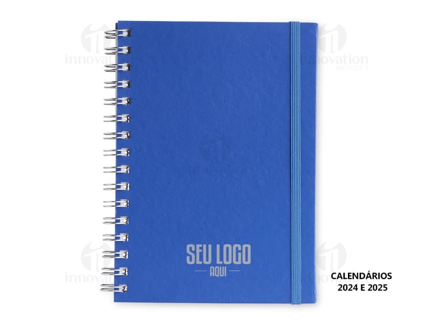 Caderno Planner preto com páginas em branco e marcador de páginas colorido.