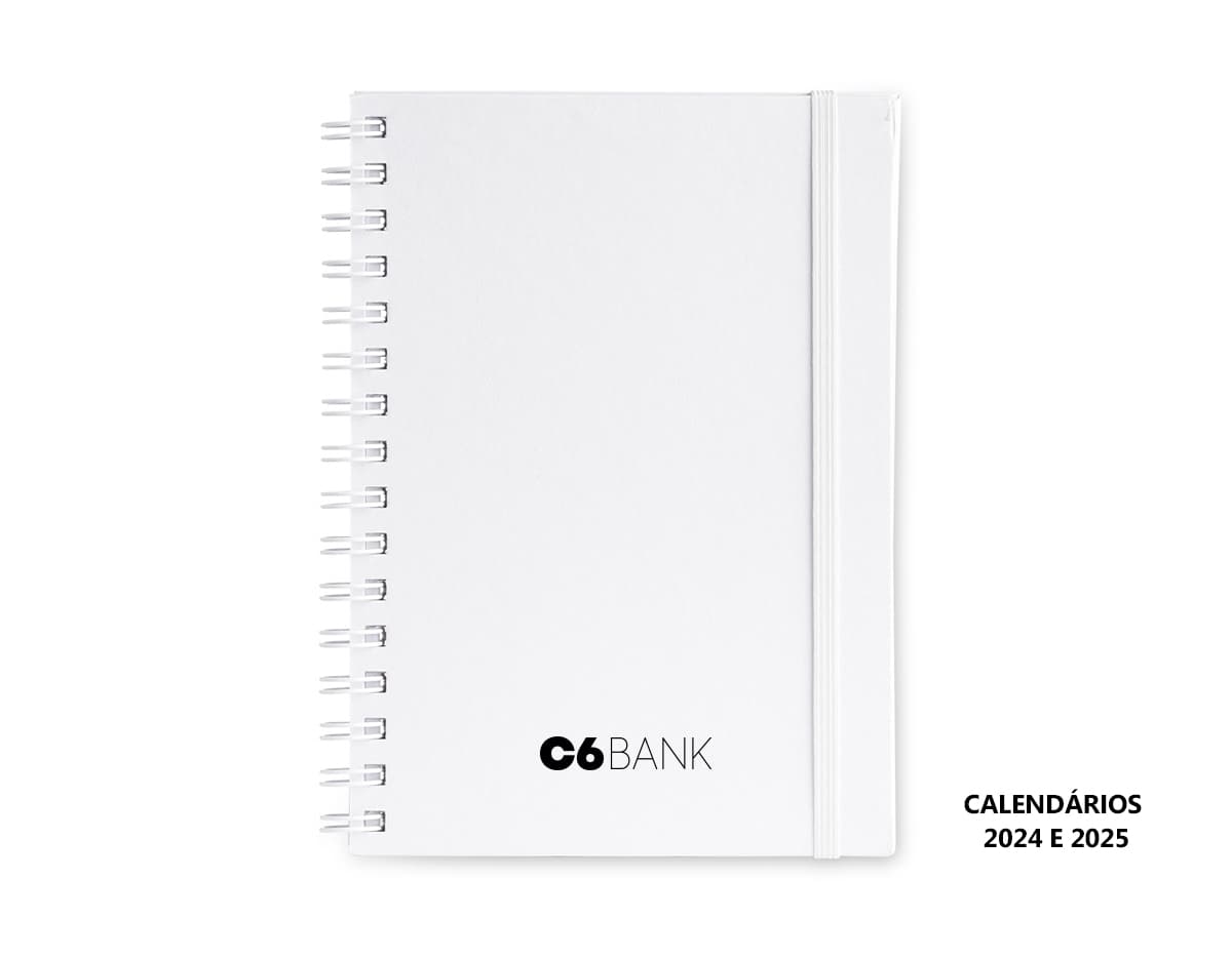 Caderno Planner preto com páginas em branco e marcador de páginas colorido.