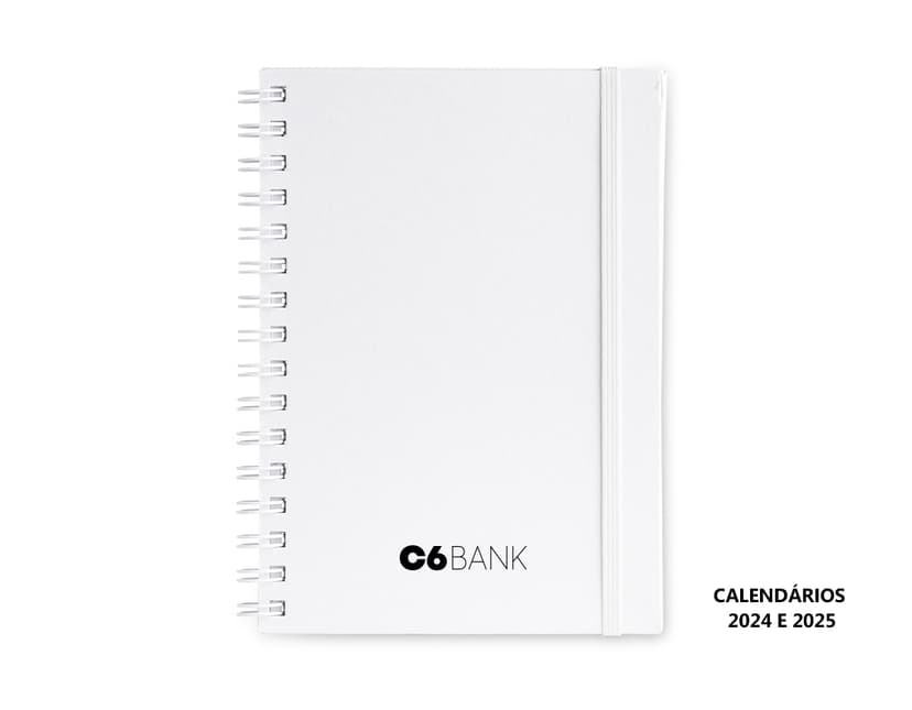Caderno Planner preto com páginas em branco e marcador de páginas colorido.