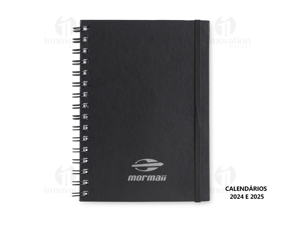 Caderno Planner preto com páginas em branco e marcador de páginas colorido.