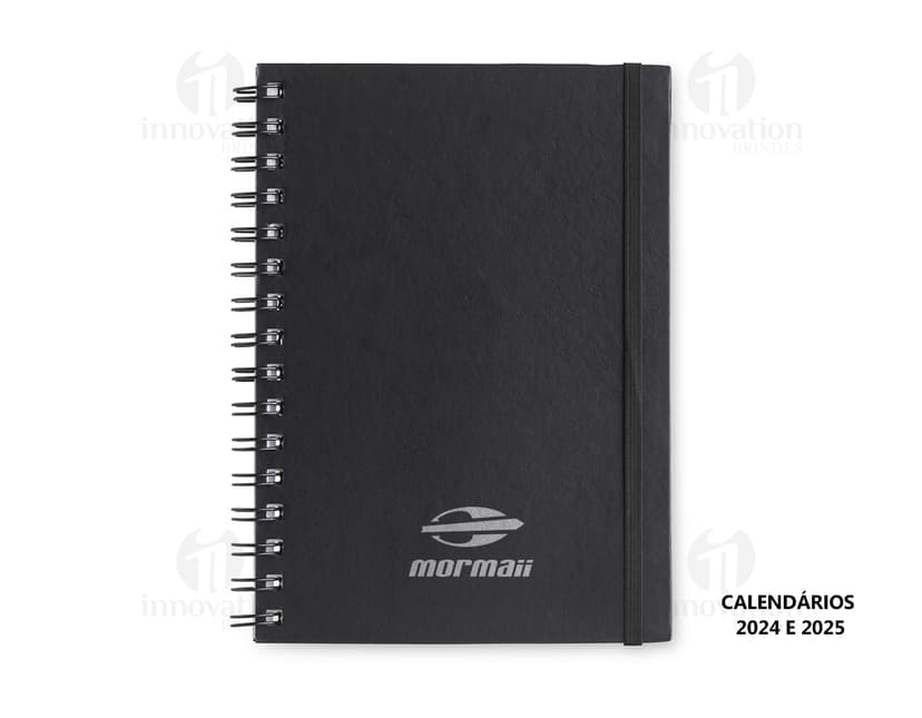 Caderno Planner preto com páginas em branco e marcador de páginas colorido.