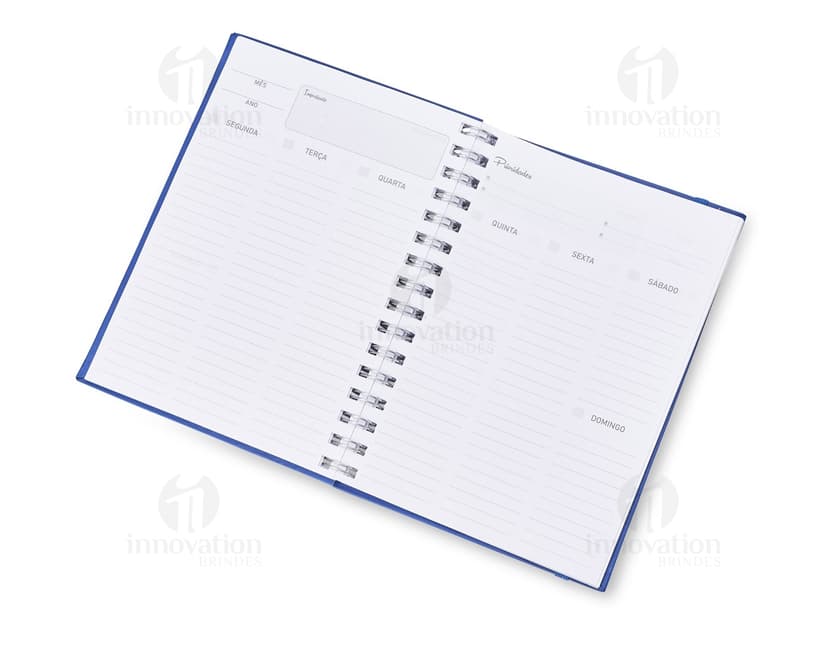 Caderno Planner preto com páginas em branco e marcador de páginas colorido.