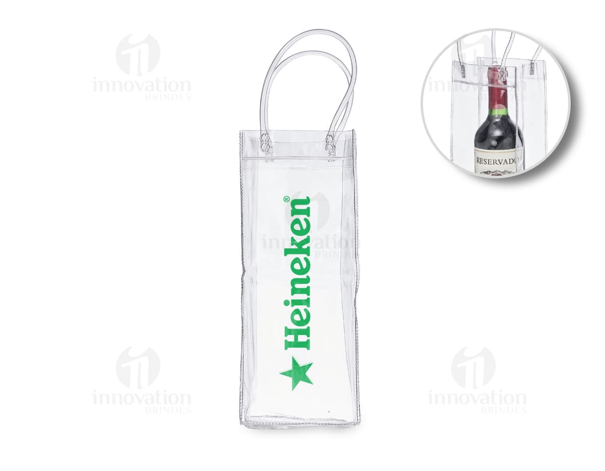Sacola plástica transparente com alça para gelo.