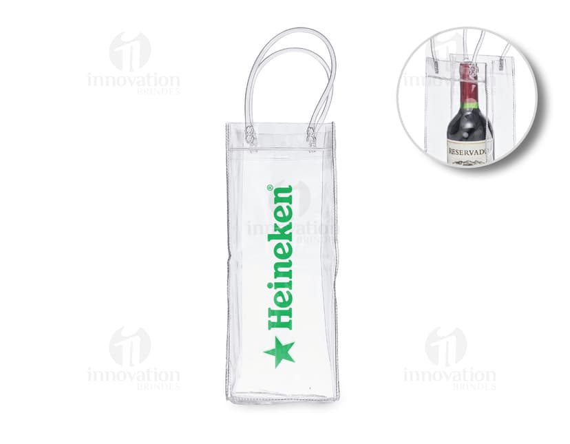 Sacola plástica transparente com alça para gelo.