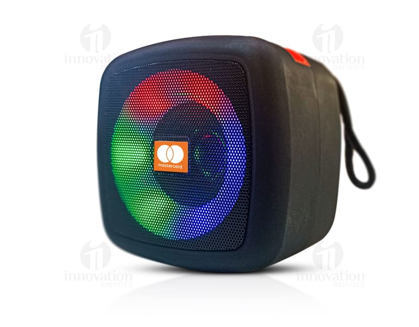 Caixa de som multimídia TWS com luzes, equipamento eletrônico moderno em preto com alto-falante, tecnologia de áudio, com botões de controle, alta potência, design de três dimensões, ideal para festas e entretenimento.