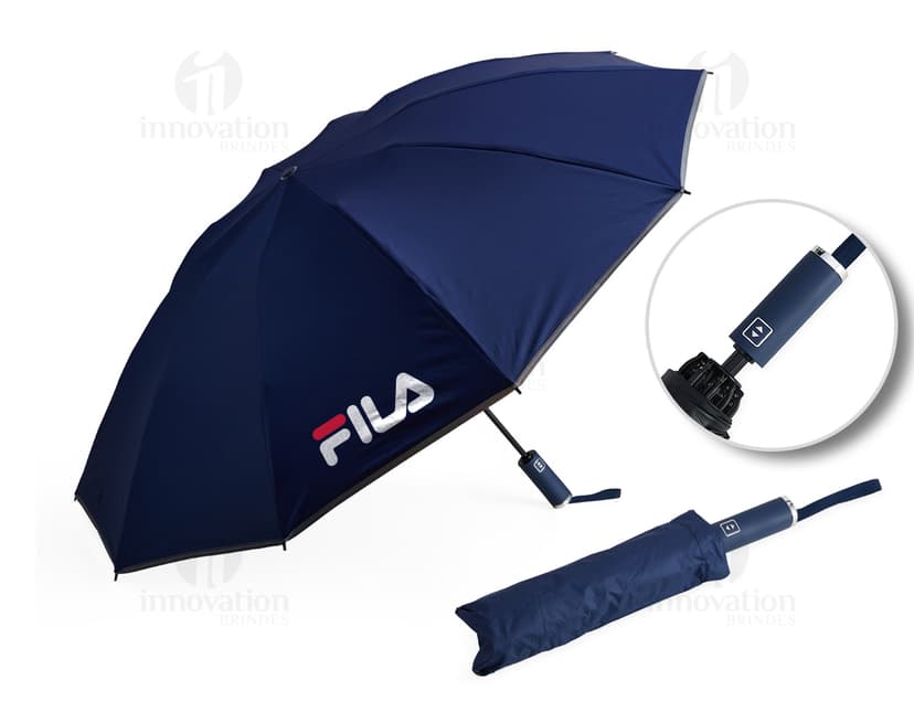 Uma imagem de um guarda-chuva auto poliéster impermeável, em destaque, com tecido preto, durável e resistente à água, ideal para uso em dias chuvosos.