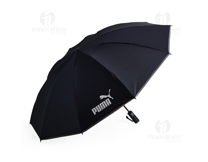 Uma imagem de um guarda-chuva auto poliéster impermeável, em destaque, com tecido preto, durável e resistente à água, ideal para uso em dias chuvosos.