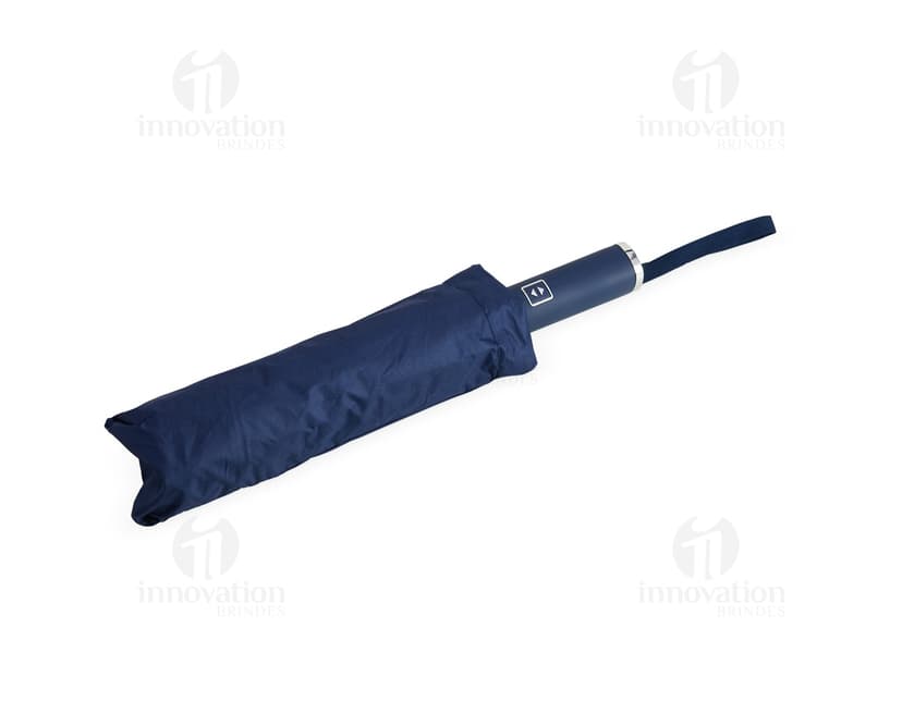 Uma imagem de um guarda-chuva auto poliéster impermeável, em destaque, com tecido preto, durável e resistente à água, ideal para uso em dias chuvosos.