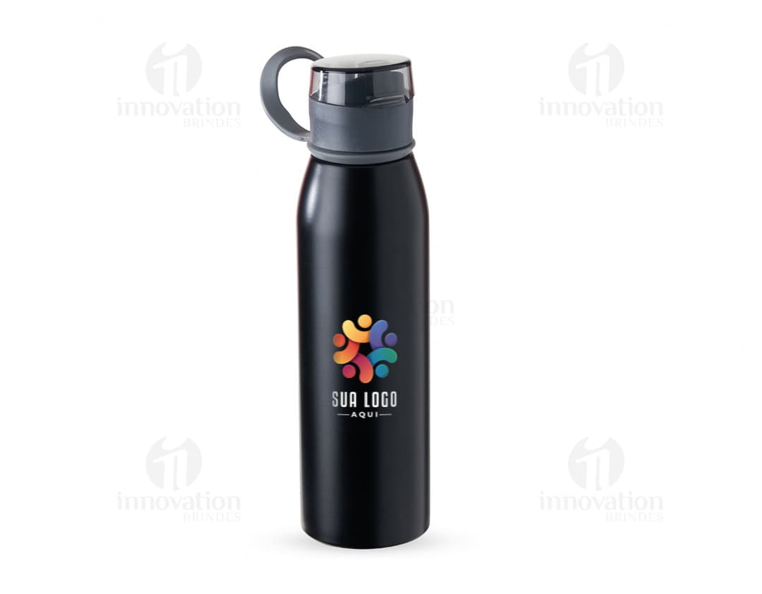 Garrafa Inox 650ml na cor prata, com tampa de rosca e design moderno.