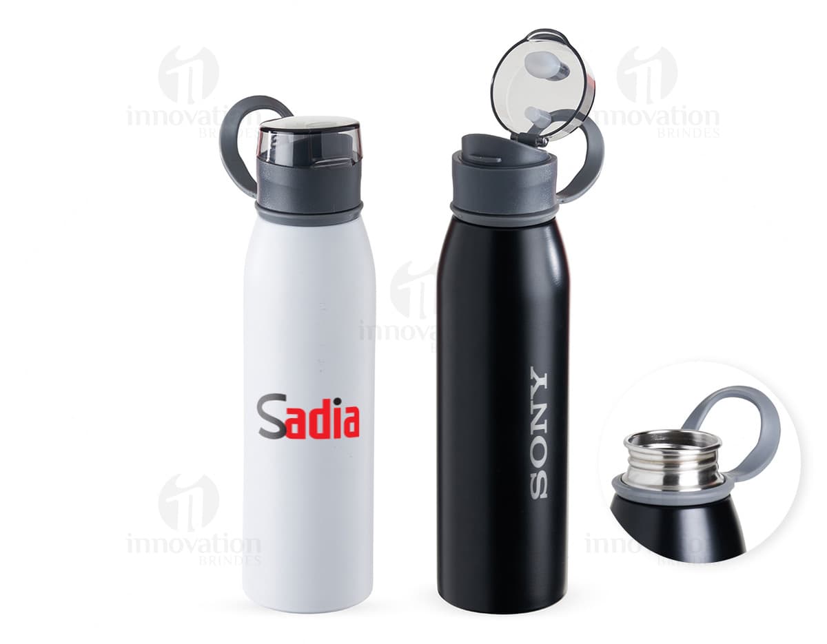 Garrafa Inox 650ml na cor prata, com tampa de rosca e design moderno.