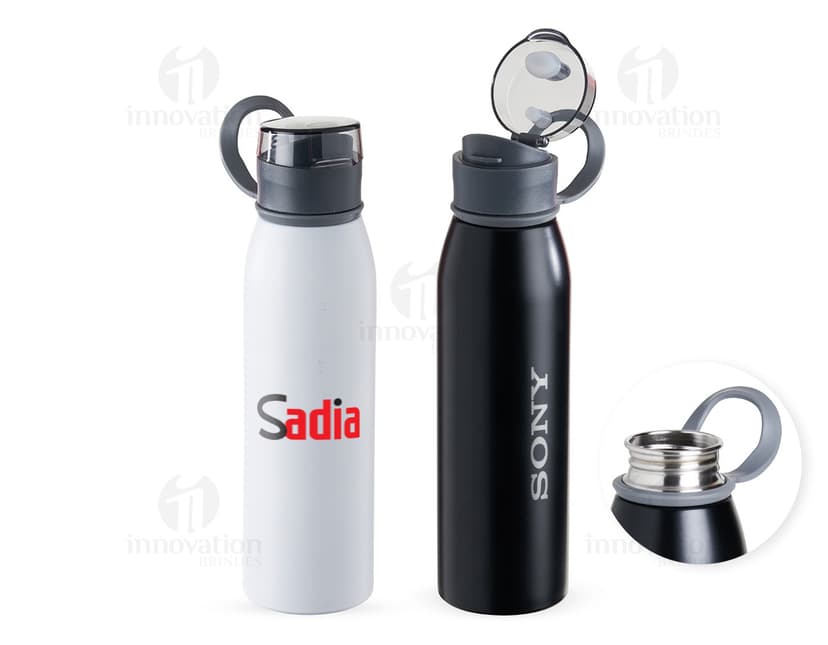 Garrafa Inox 650ml na cor prata, com tampa de rosca e design moderno.