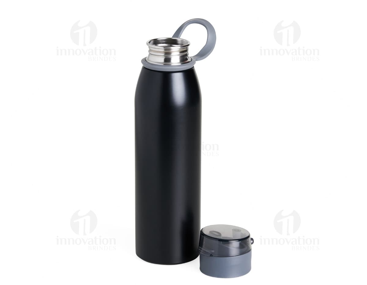Garrafa Inox 650ml na cor prata, com tampa de rosca e design moderno.