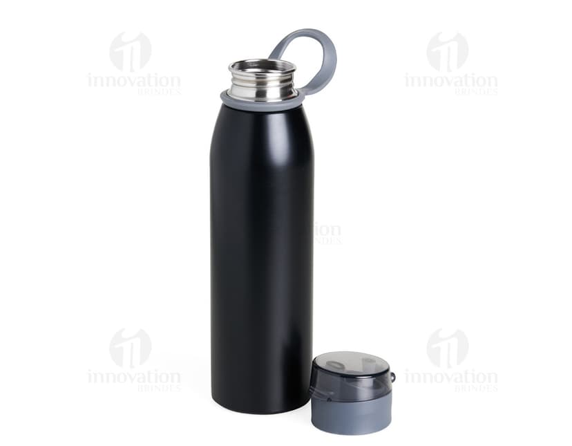 Garrafa Inox 650ml na cor prata, com tampa de rosca e design moderno.