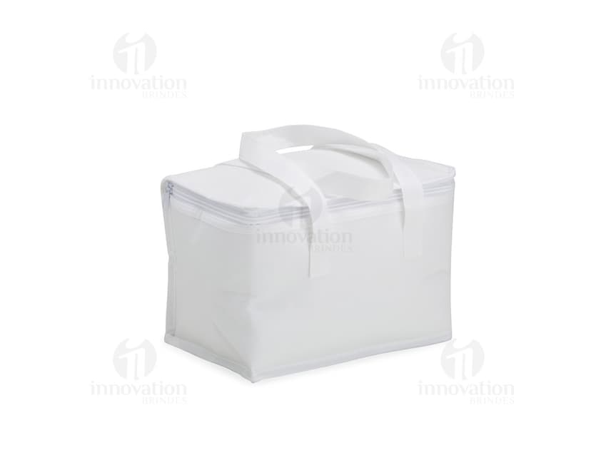 Imagem de uma bolsa térmica de 6 litros em TNT, um produto eletrônico, equipamento de escritório e de transportar, com design moderno em três dimensões.