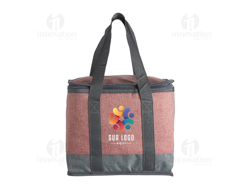 Bolsa Térmica 12 Litros na cor azul, com alça para transporte e zíper na parte superior. A bolsa está fechada e apresenta um design simples e funcional.