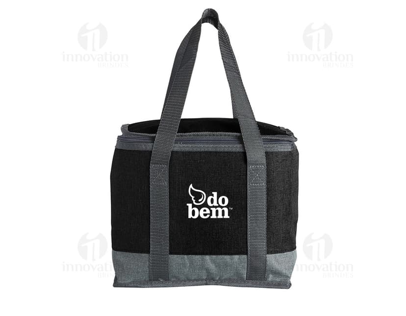 Bolsa Térmica 12 Litros na cor azul, com alça para transporte e zíper na parte superior. A bolsa está fechada e apresenta um design simples e funcional.