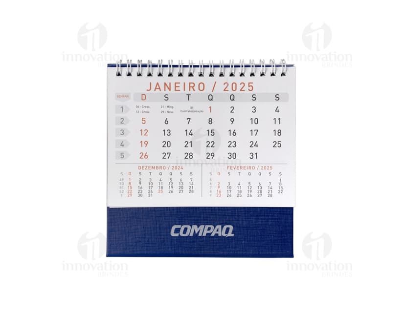 Calendário de Mesa 2024 com design moderno e tecnológico, organizando informações de forma eletrônica. Inclui data, mês, semana, ano e agenda diária. Ideal para gerenciamento financeiro e pessoal.