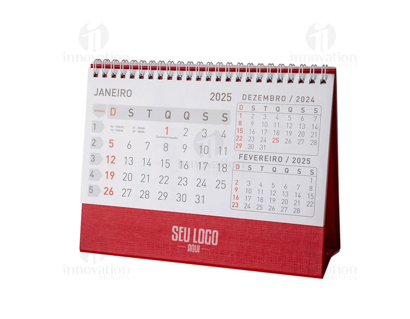 Calendário de Mesa 2024 em Papel 115g. com design moderno e organizado, contendo datas, meses, semanas e dias do ano. Ideal para uso em escritórios, oferecendo controle de tempo e planejamento eficiente.