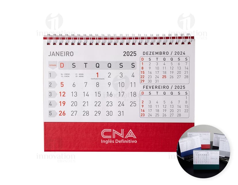 Calendário de Mesa 2024 em Papel 115g. com design moderno e organizado, contendo datas, meses, semanas e dias do ano. Ideal para uso em escritórios, oferecendo controle de tempo e planejamento eficiente.