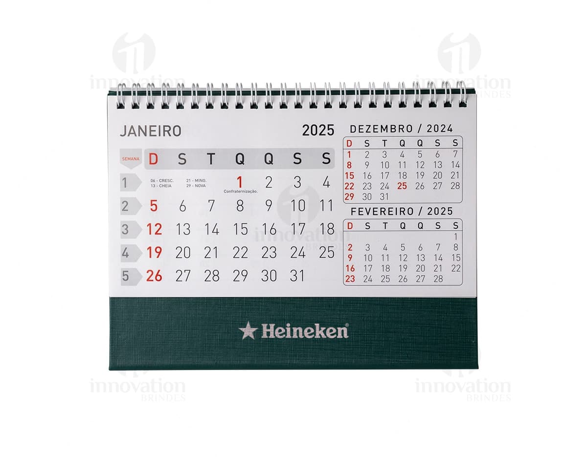 Calendário de Mesa 2024 em Papel 115g. com design moderno e organizado, contendo datas, meses, semanas e dias do ano. Ideal para uso em escritórios, oferecendo controle de tempo e planejamento eficiente.