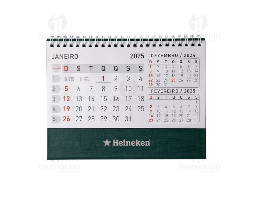 Calendário de Mesa 2024 em Papel 115g. com design moderno e organizado, contendo datas, meses, semanas e dias do ano. Ideal para uso em escritórios, oferecendo controle de tempo e planejamento eficiente.