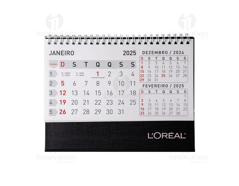 Calendário de Mesa 2024 em Papel 115g. com design moderno e organizado, contendo datas, meses, semanas e dias do ano. Ideal para uso em escritórios, oferecendo controle de tempo e planejamento eficiente.