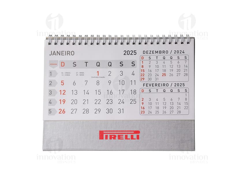 Calendário de Mesa 2024 em Papel 115g. com design moderno e organizado, contendo datas, meses, semanas e dias do ano. Ideal para uso em escritórios, oferecendo controle de tempo e planejamento eficiente.
