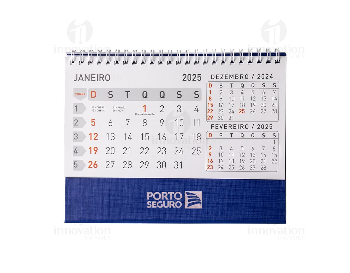 Calendário de Mesa 2024 em Papel 115g. com design moderno e organizado, contendo datas, meses, semanas e dias do ano. Ideal para uso em escritórios, oferecendo controle de tempo e planejamento eficiente.