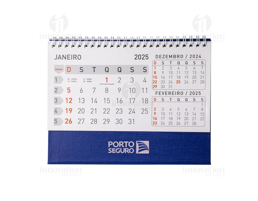 Calendário de Mesa 2024 em Papel 115g. com design moderno e organizado, contendo datas, meses, semanas e dias do ano. Ideal para uso em escritórios, oferecendo controle de tempo e planejamento eficiente.