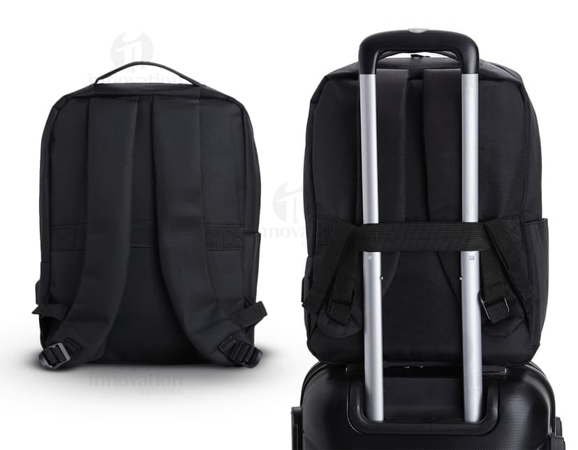 Mochila preta de nylon com 22 litros de capacidade, possui entrada USB e 4 compartimentos. Ideal para uso em viagens de negócios ou no dia a dia para transportar objetos e equipamentos de forma organizada.