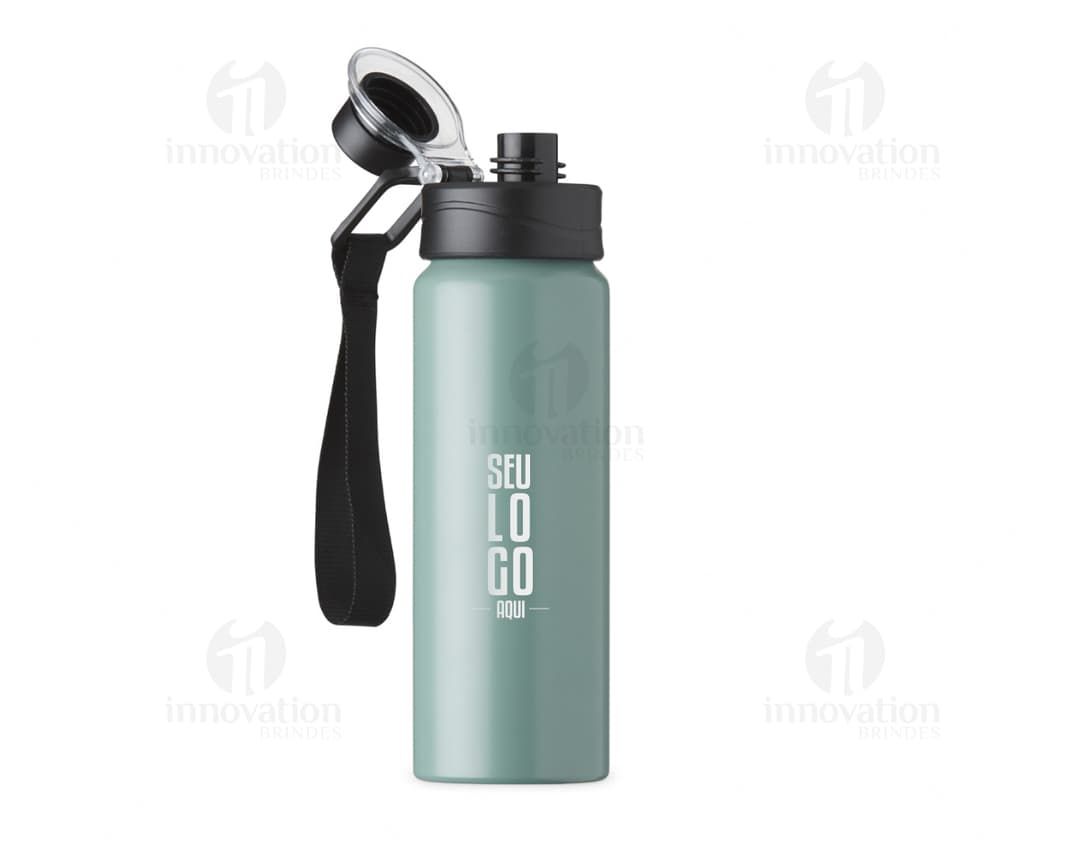 Produto Squeeze Alumínio 800ml c/ alças em metal prateado, ideal para armazenar líquidos. Possui design moderno com alças para segurar, indicado para uso em festas, negócios ou atividades ao ar livre.