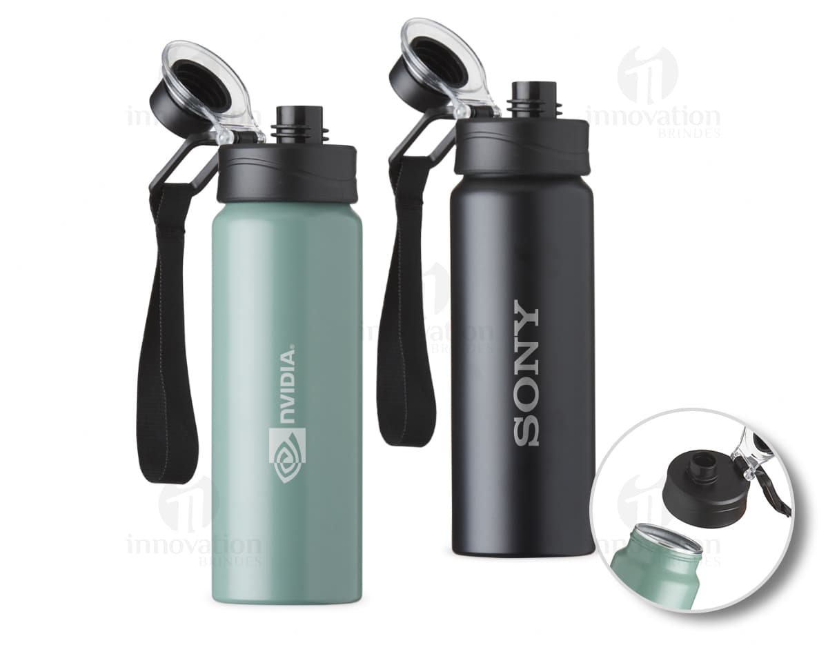 Produto Squeeze Alumínio 800ml c/ alças em metal prateado, ideal para armazenar líquidos. Possui design moderno com alças para segurar, indicado para uso em festas, negócios ou atividades ao ar livre.