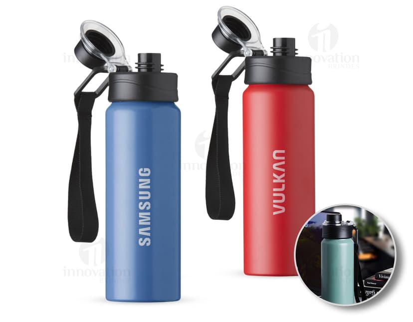 Produto Squeeze Alumínio 800ml c/ alças em metal prateado, ideal para armazenar líquidos. Possui design moderno com alças para segurar, indicado para uso em festas, negócios ou atividades ao ar livre.