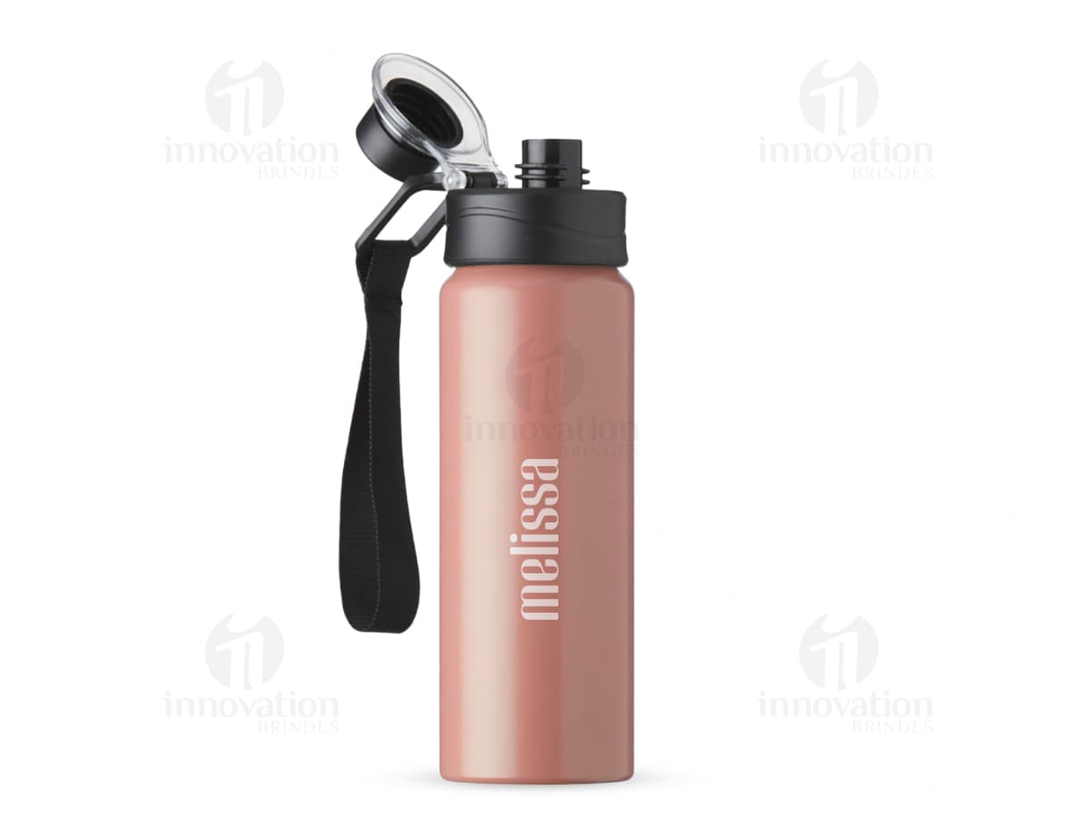 Produto Squeeze Alumínio 800ml c/ alças em metal prateado, ideal para armazenar líquidos. Possui design moderno com alças para segurar, indicado para uso em festas, negócios ou atividades ao ar livre.