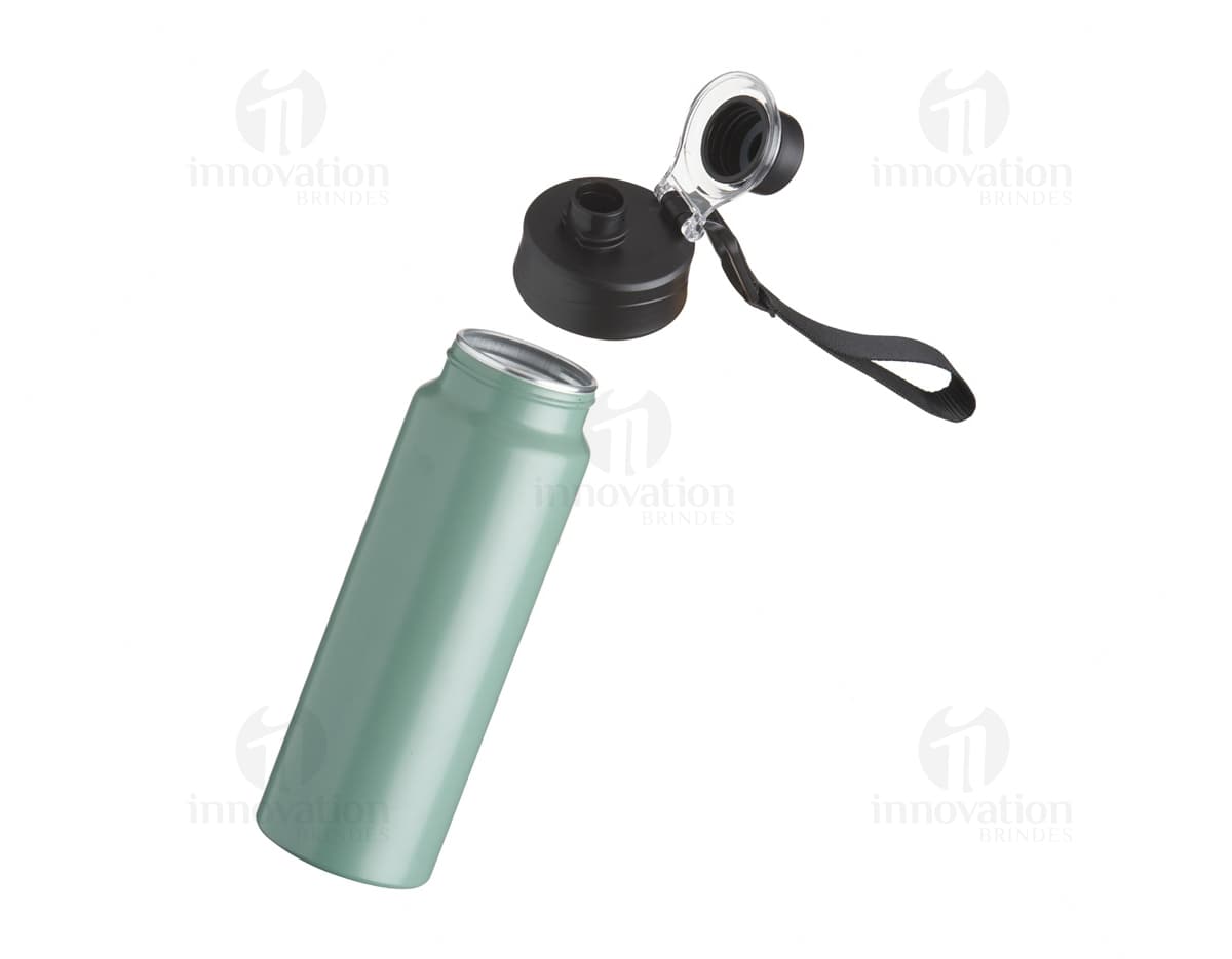Produto Squeeze Alumínio 800ml c/ alças em metal prateado, ideal para armazenar líquidos. Possui design moderno com alças para segurar, indicado para uso em festas, negócios ou atividades ao ar livre.