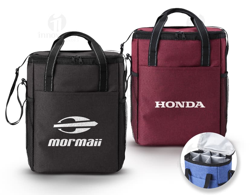 Bolsa térmica preta de couro com alça, ideal para viagens de negócios. Capacidade de 16L, fechamento em metal, moderna e elegante, perfeita para armazenar alimentos e bebidas.