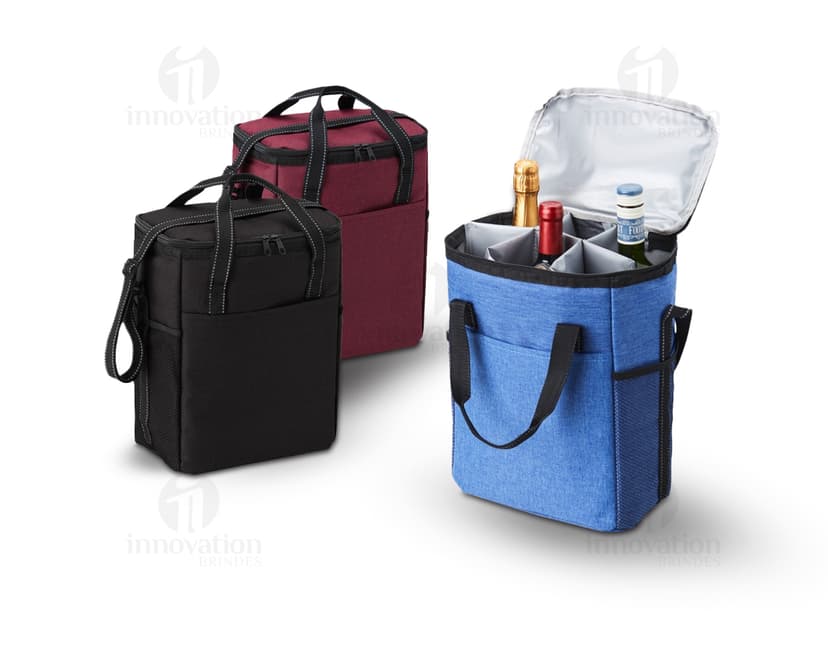 Bolsa térmica preta de couro com alça, ideal para viagens de negócios. Capacidade de 16L, fechamento em metal, moderna e elegante, perfeita para armazenar alimentos e bebidas.