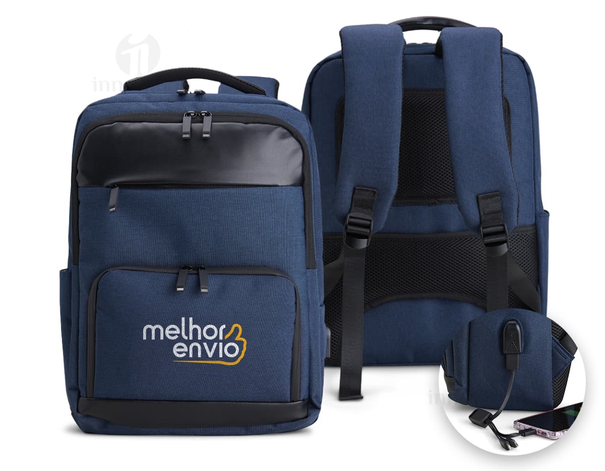 Mochila de poliéster preta de 29 litros, com fecho de zíper, alça de couro, bolso de metal, design moderno e elegante.