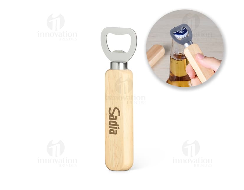 Abridor metálico com cabo de madeira, utensílio de metal para abrir garrafas.