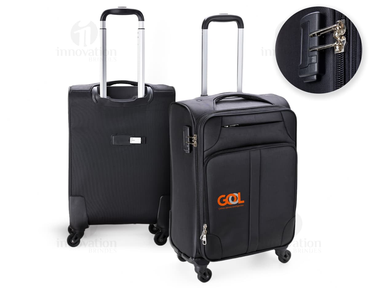 Mala de viagem de 48 litros em couro preto, moderna e elegante, ideal para viagens a negócios. Inclui alça de mão, compartimento para laptop, fecho com suporte de metal e diversas opções de armazenamento.
